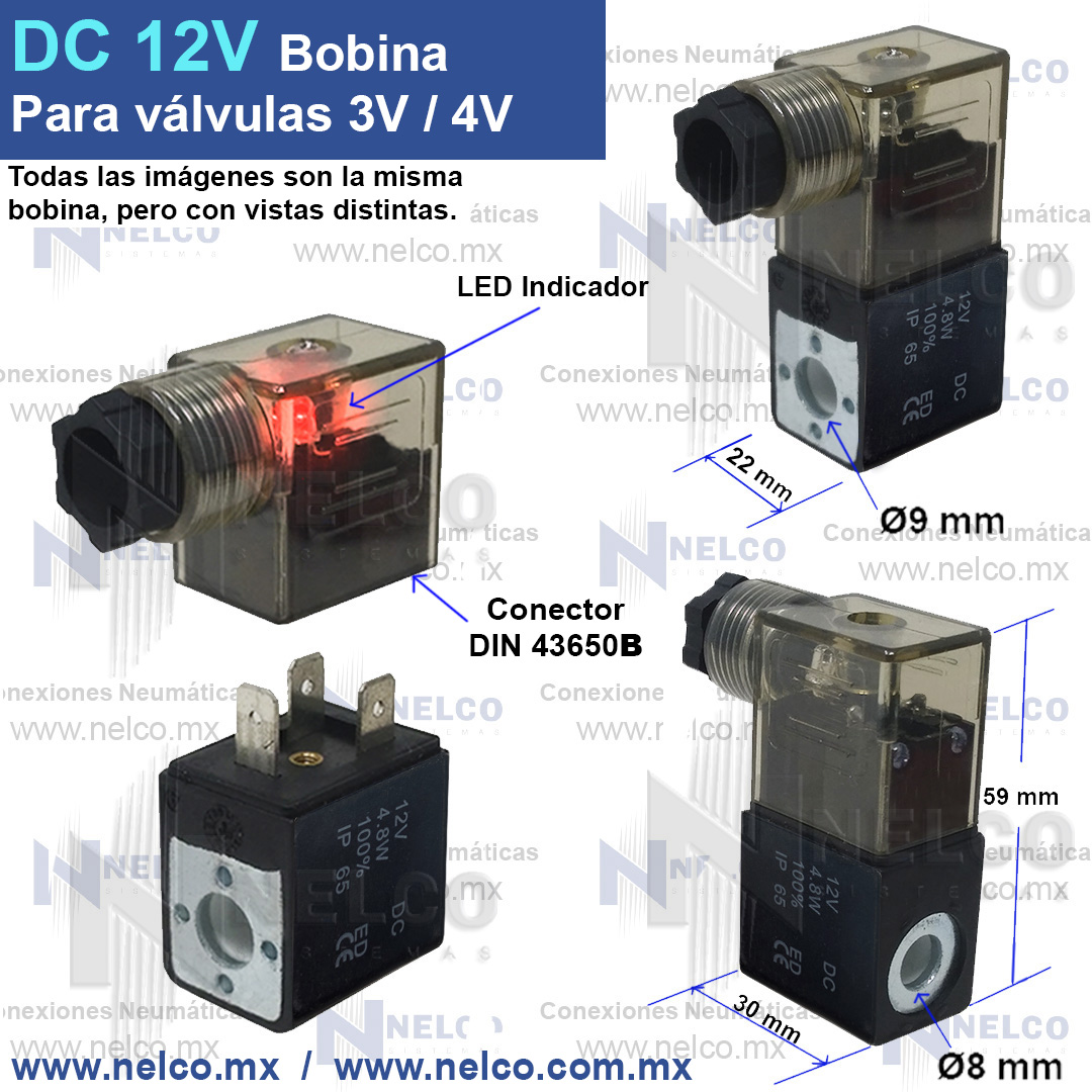 Solenoide 12V DC para valvula neumatica con conector DIN con Led