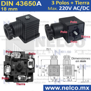 DIN43650A Conector DIN A 3 Polos+Tierra sin led MAX 220V AC/DC