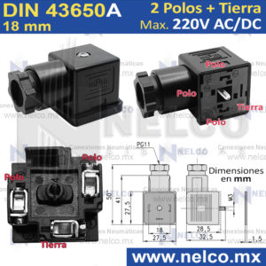 DIN43650A Conector DIN A sin led 2 Polos + Tierra (2P+T) para máximo 220V AC/DC
