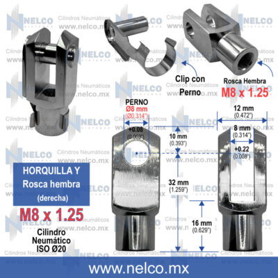 HORQUILLA Y M8 X 1.25 CILINDRO NEUMATICO PISTON NEUMATICO MONTERREY MEXICO